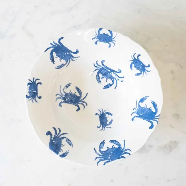 Watercolor Crab Serving Bowl in white and blue